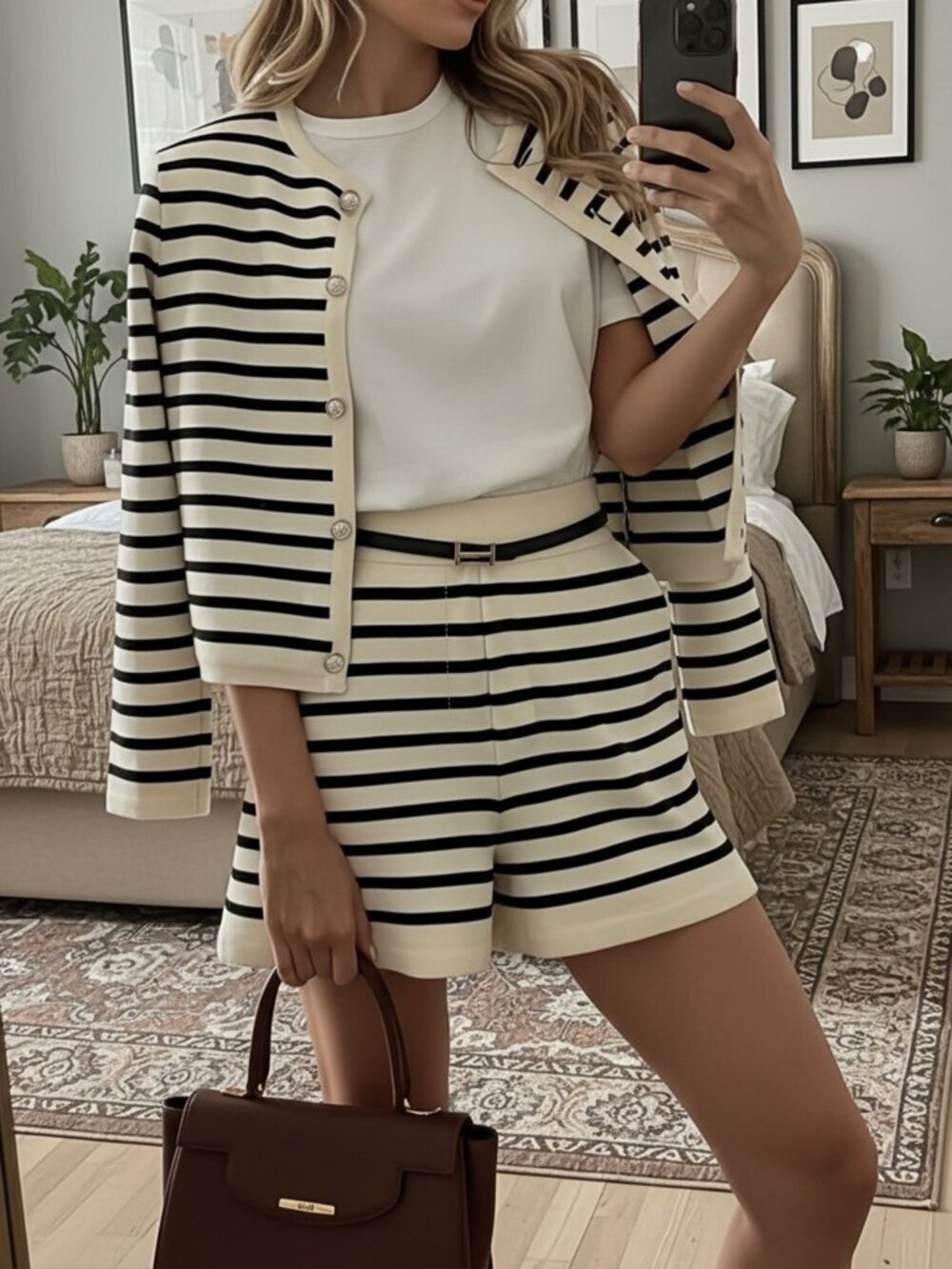 Black And White Elegant Women's Striped Blend Tweed Jacket & Knit Shorts Set